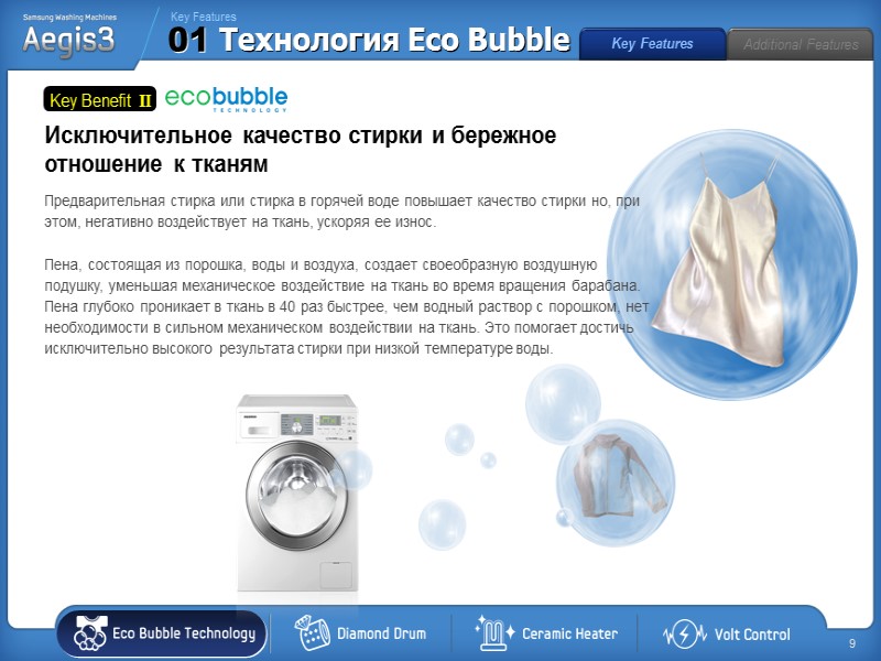 01 Технология Eco Bubble Key Features Исключительное качество стирки и бережное  отношение к